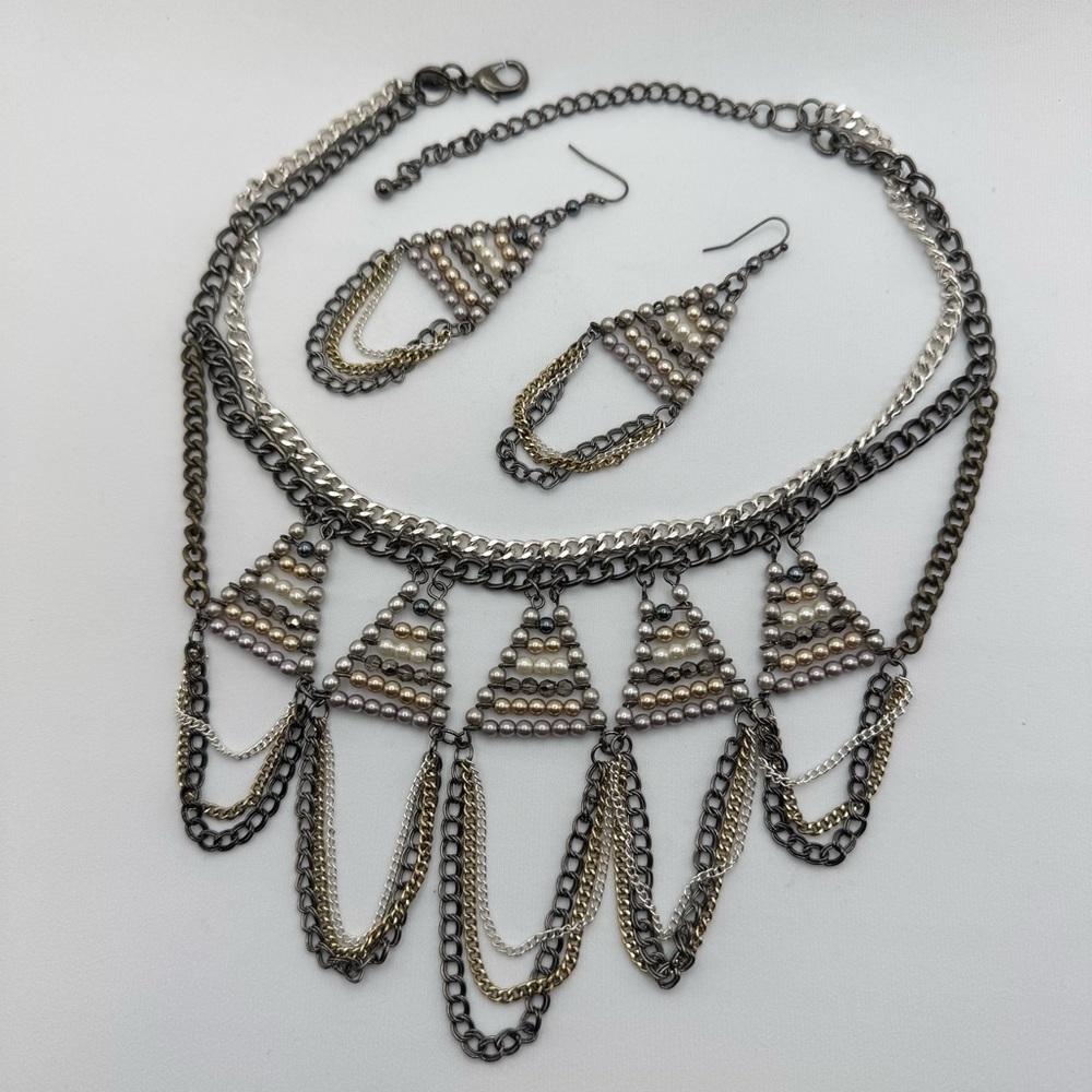 Chico’s Mixed Metal Chain Pearl Statement Necklace Earrings Set New